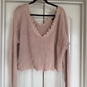 Pink V-Neck Frayed Sweater